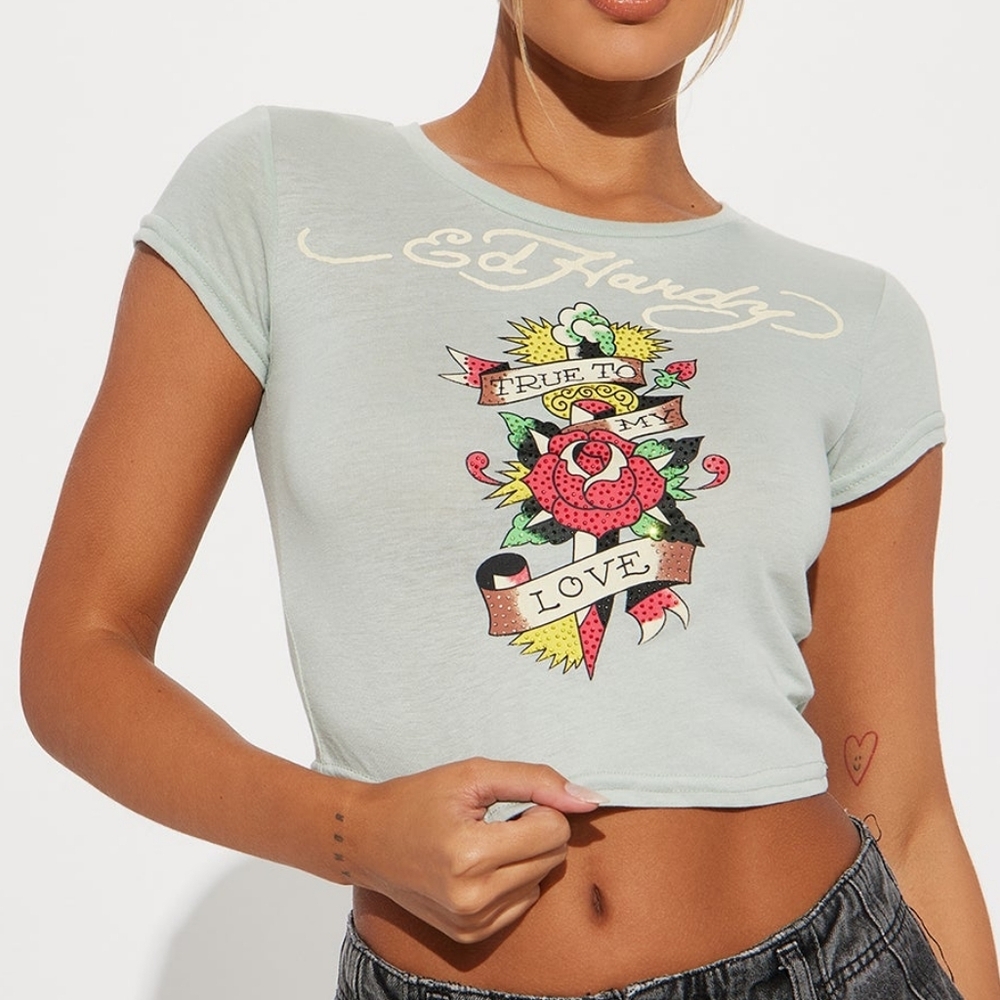 Ed Hardy Rhinestone True To My Love Crop To
